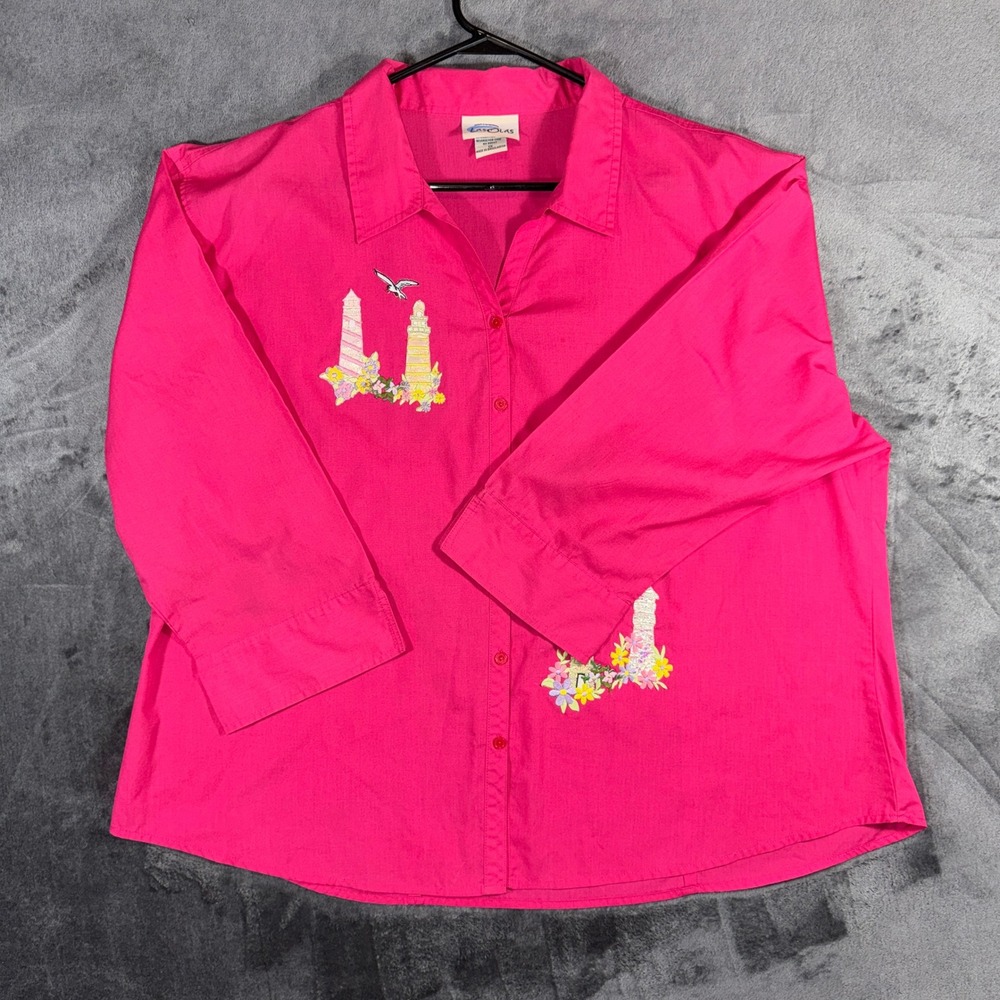 Las Olas Womens Hot Pink Lighthouse Embroidered Button Up Shirt Plus 1X Coastal